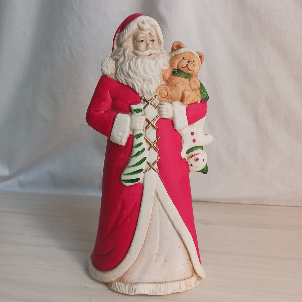 Porcelain Santa Claus Figurine Teddy Bear Christmas 8 Inch